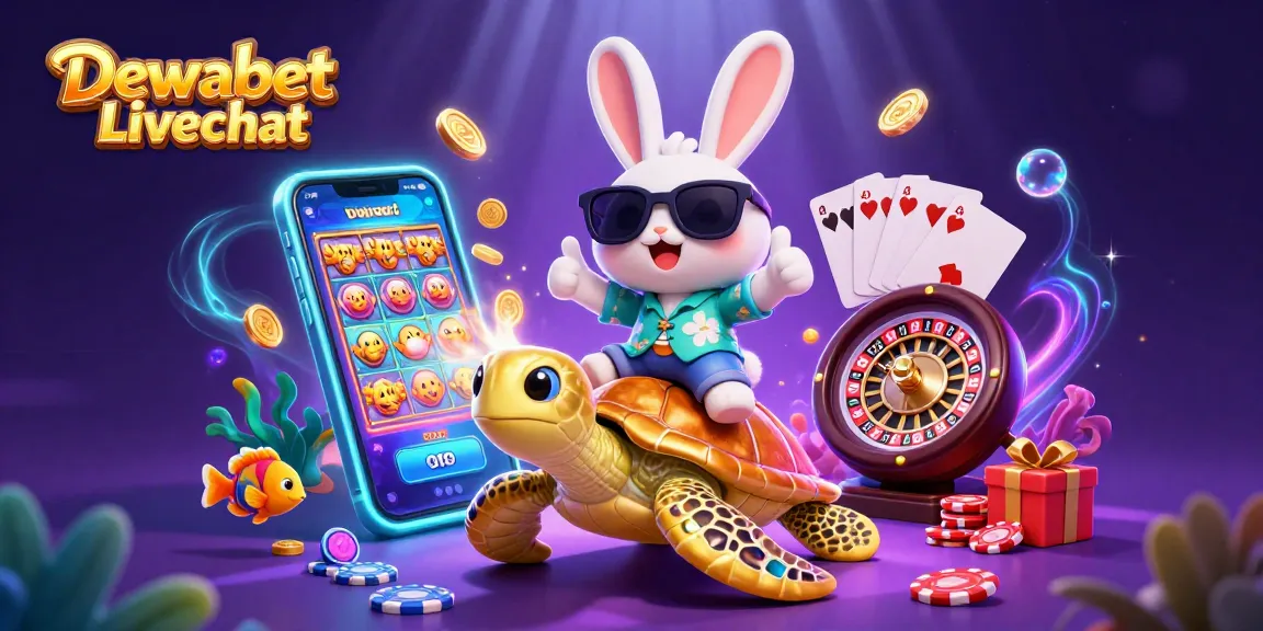 Dewabet Livechat showcases an engaging casino scene with a lucky rabbit, sea turtle, slot games, and vibrant underwater effects.