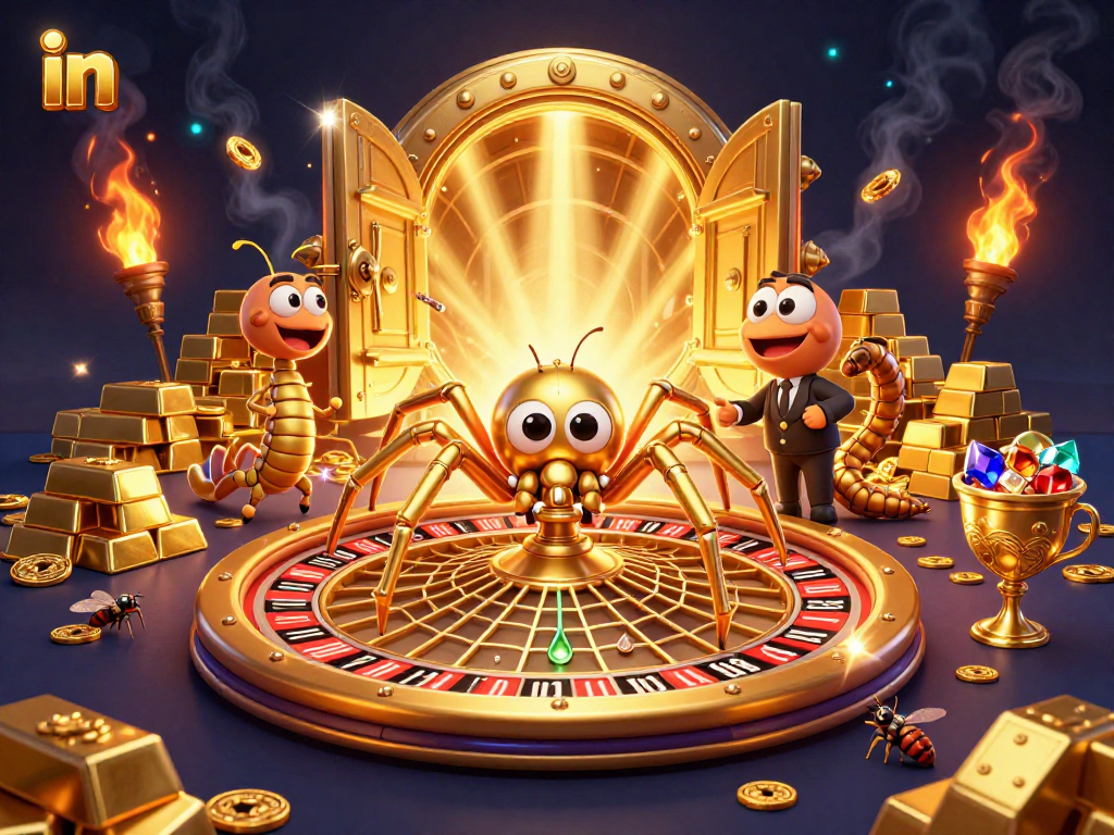 Spin for bets in a vibrant casino scene showcasing a spider and croupier amid treasure.
