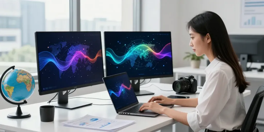 Young professional efficiently using快连 software for global connectivity in a modern office.