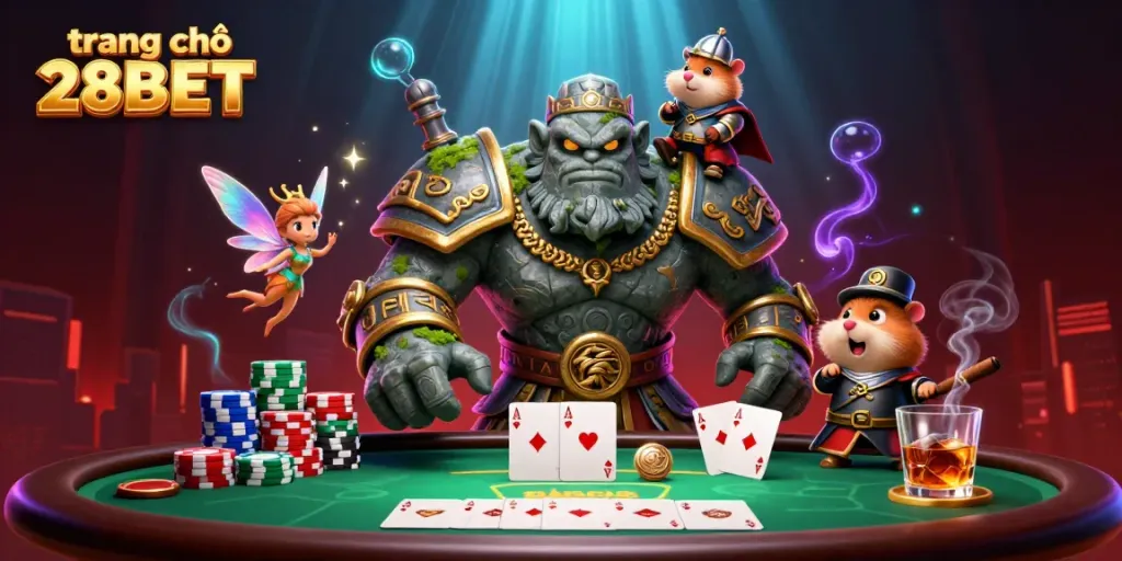 Experience the excitement with the enchanting scene of trang chủ 28BET featuring a magical golem and fairy