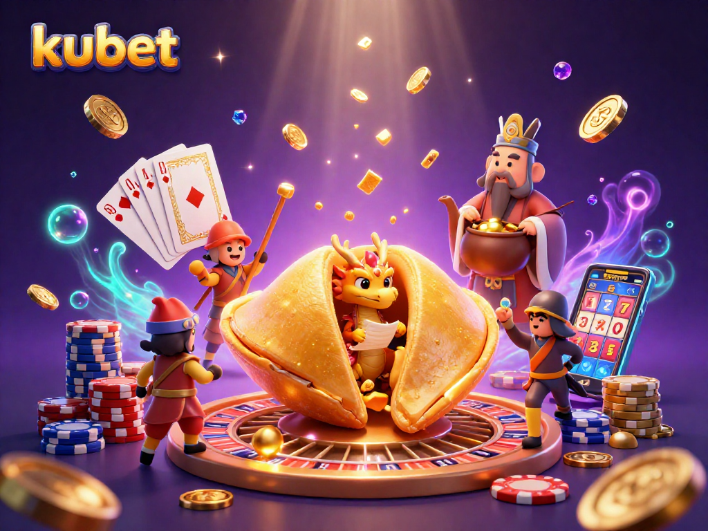 Join kubet for thrilling casino action with a golden fortune cookie, dragon, and vibrant game elements.
