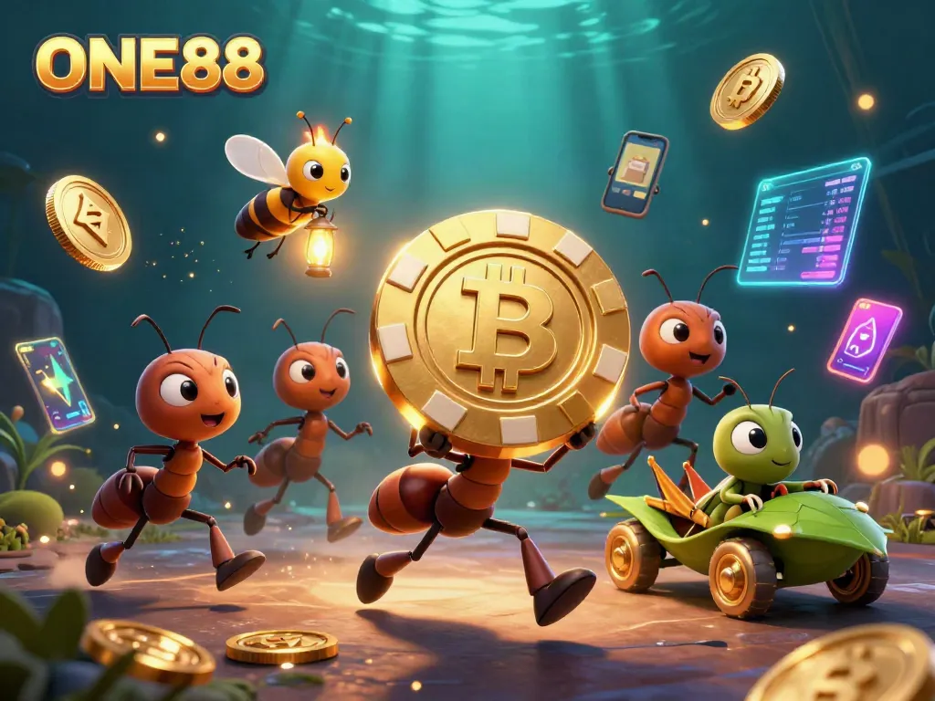 Ants in a heist carrying a giant poker chip and Bitcoin coins, promoting ONE88 online gaming.