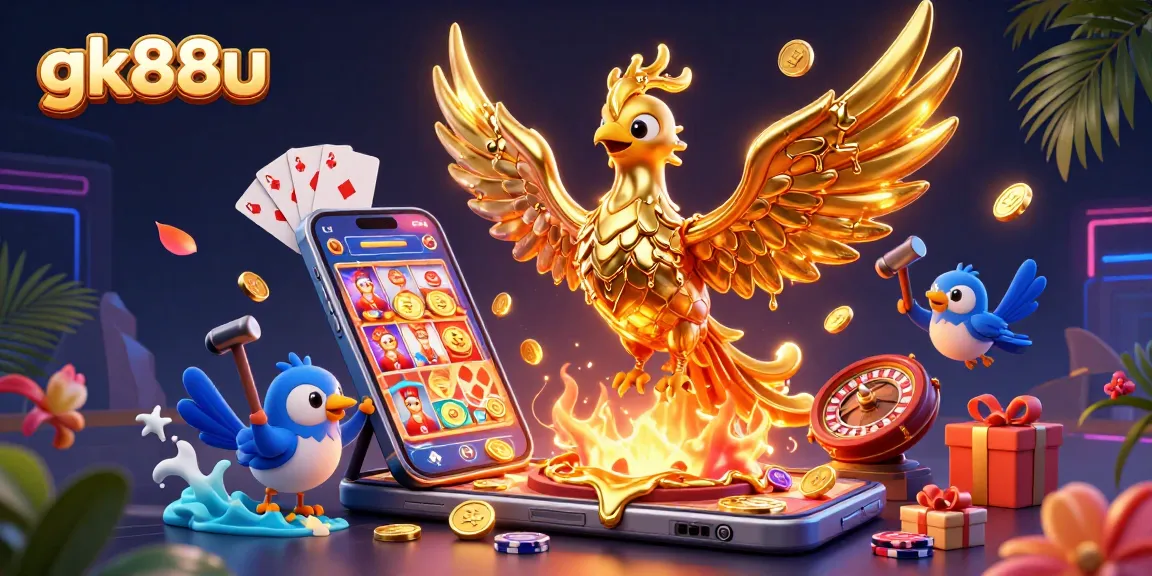 Engage in thrilling gambling action at gk88u with a golden phoenix and vibrant slot game elements.