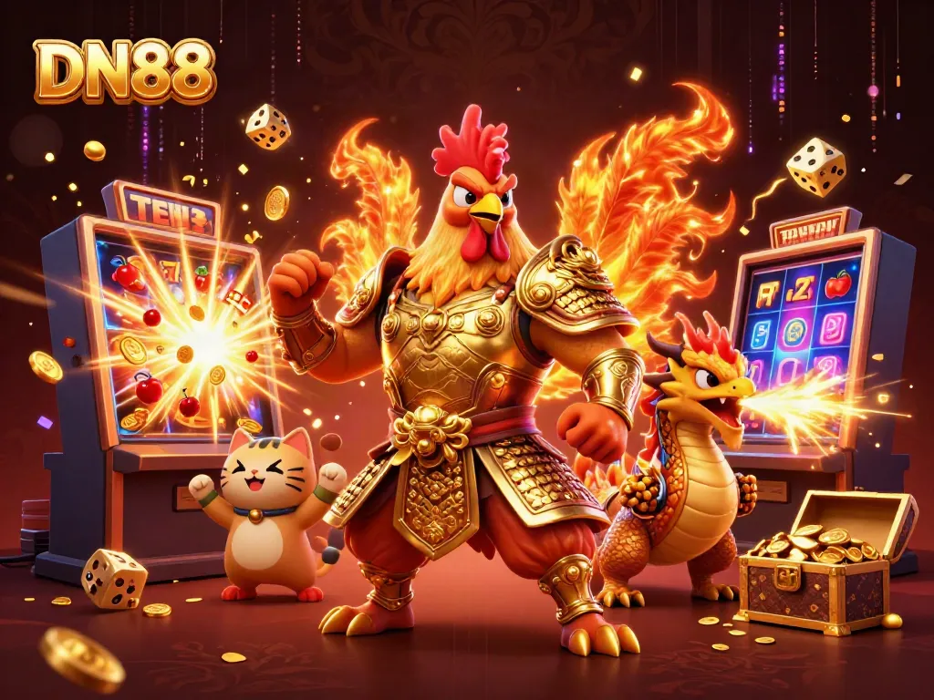 Experience exciting jackpots at DN88 with a vibrant casino scene featuring dynamic characters and colorful game elements.