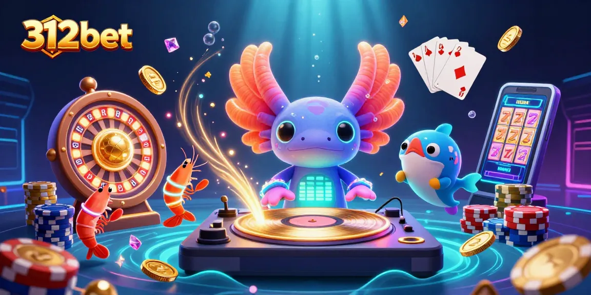 312bet showcases a vibrant casino scene where a neon axolotl DJ spins records, drawing attention to fun gaming elements.