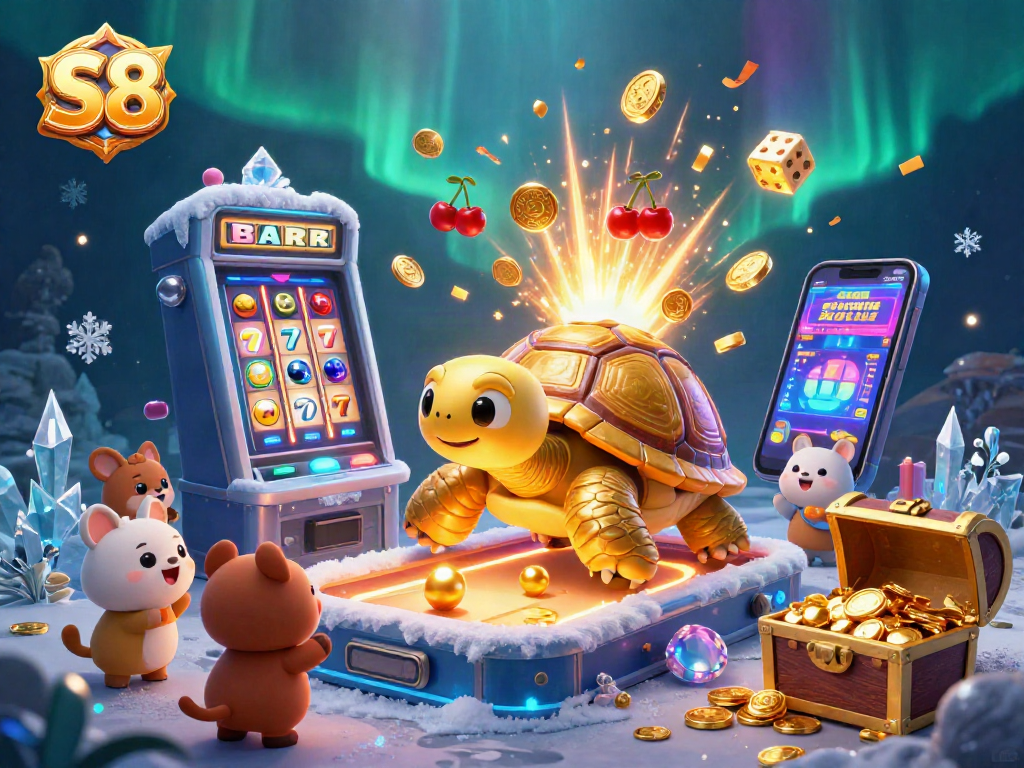 S8 slots scene showcasing a golden tortoise and vibrant jackpot elements for exciting gameplay.