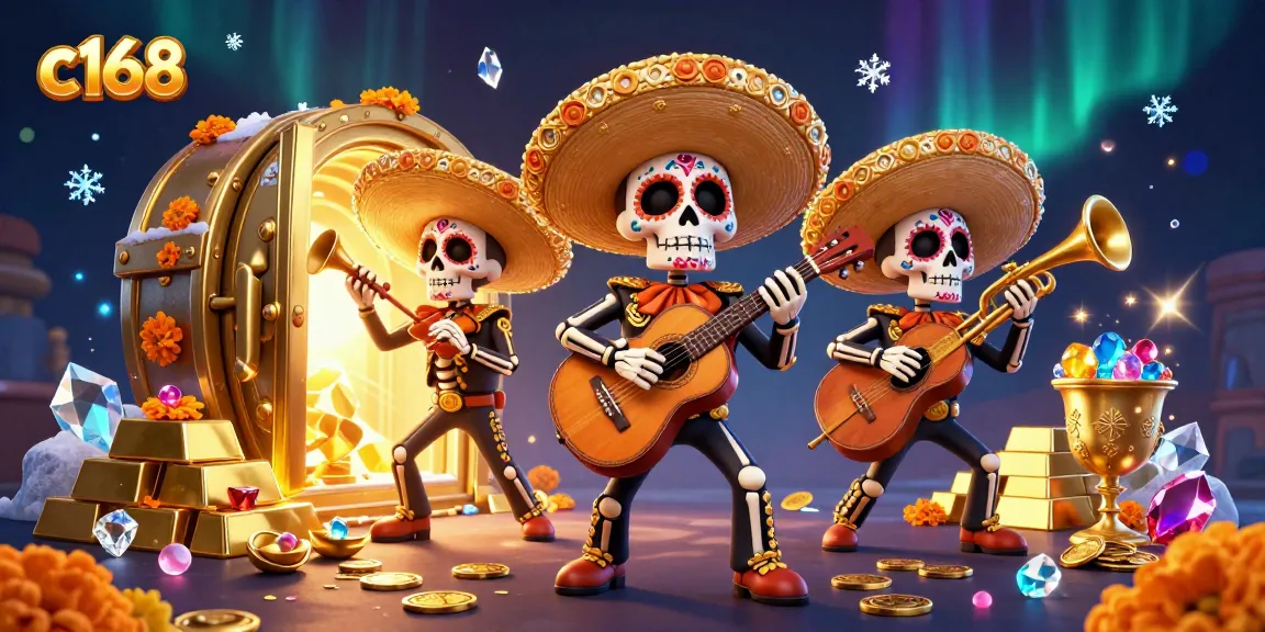 Experience the exciting world of c168 with vibrant skeleton mariachi musicians amidst golden riches.
