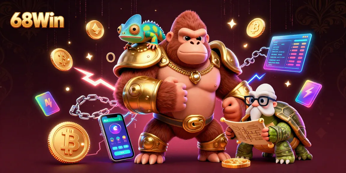 Engage with 68Win's exciting gaming world featuring a bold gorilla king and vibrant gaming elements.
