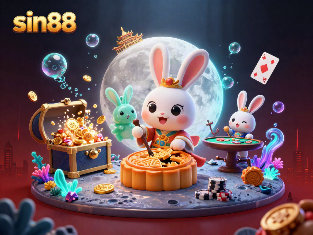 Experience the excitement of sin88 with a vibrant moon rabbit scene filled with poker chips and gaming treasures.