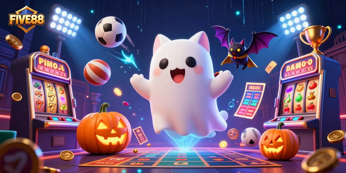 Engage with FIVE88's thrilling casino atmosphere through a dynamic 3D illustration featuring a ghost cat and vibrant gaming elements.