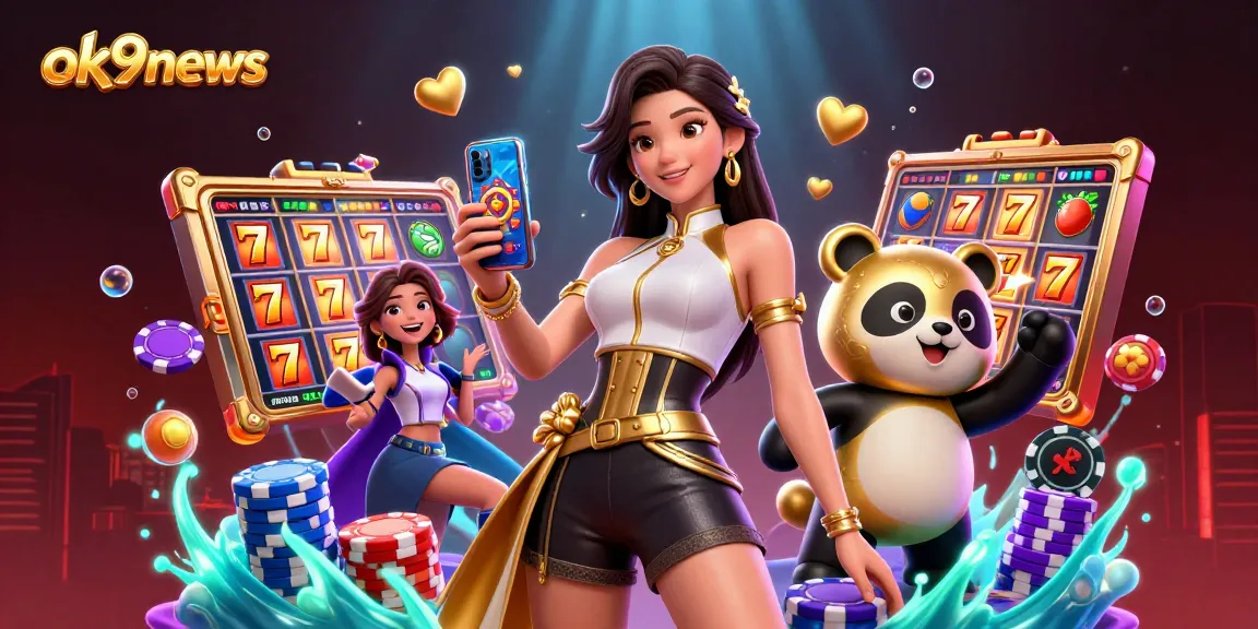 Play exciting casino games on ok9news with a dynamic scene of a woman and a panda mascot.