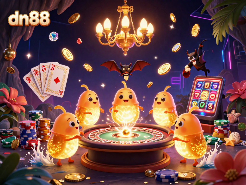 Spin for winnings with dn88 at a vibrant cave casino featuring glowing glowworms and a bat dealer.