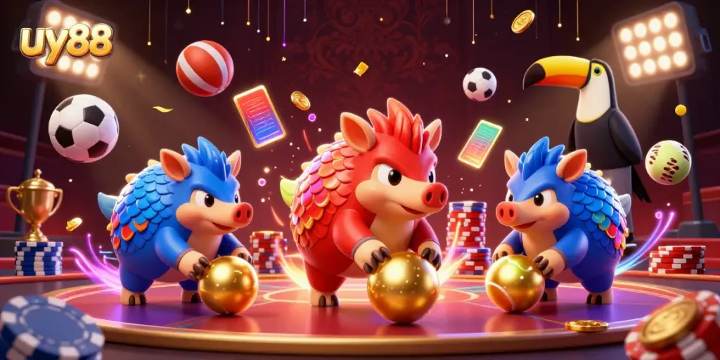 Experience intense gaming action featuring uy88's pangolin rivals and golden poker chips.