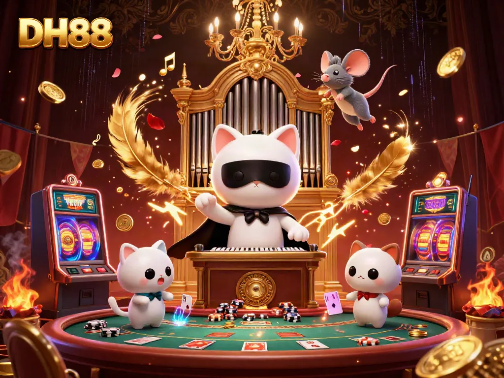 Experience thrilling gameplay at DH88 with a phantom cat and acrobat in this vibrant casino scene.