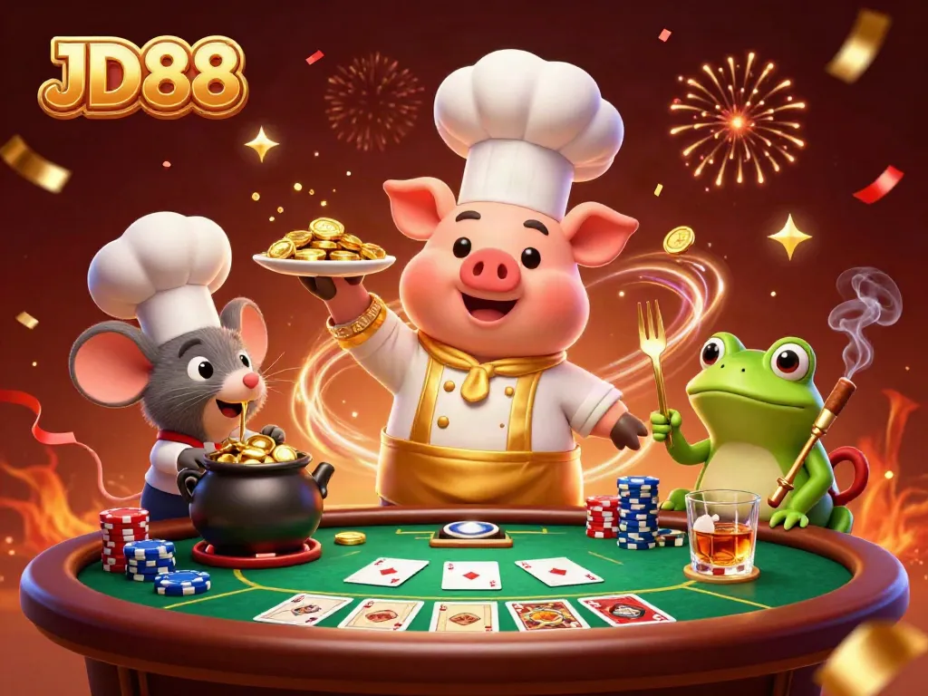 Experience JD88's thrilling action with a pig chef, golden coins, and poker elements in a vibrant 3D illustration.