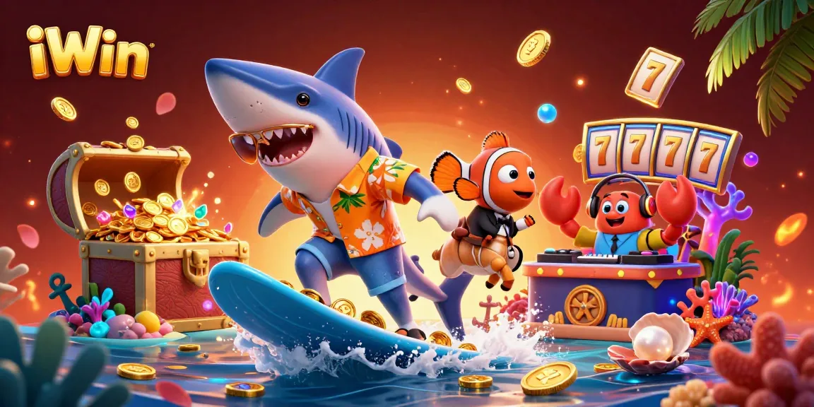 Surf the iWin experience with a vibrant scene filled with slot games and colorful marine life.