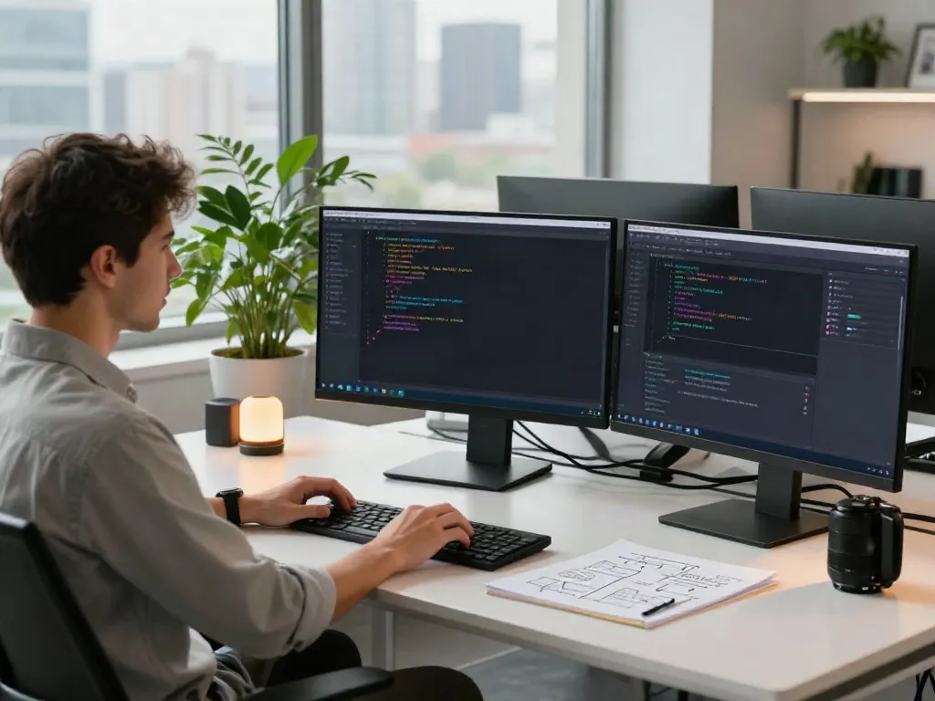 Developer at a modern workspace engaged with a multi-model API integration, showcasing creativity and efficiency.