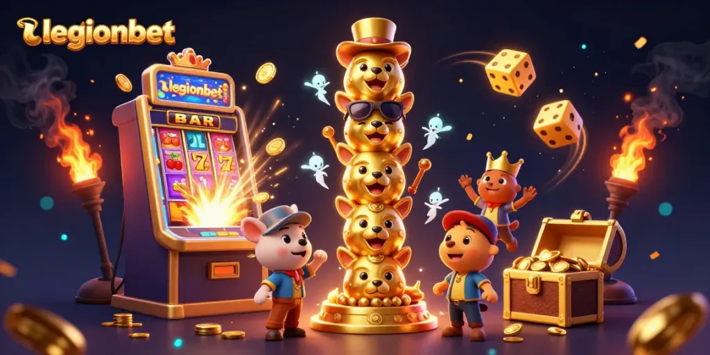 Engage in exciting gameplay at legionbet with a vibrant 3D casino scene featuring a golden totem and jackpot slot machine.