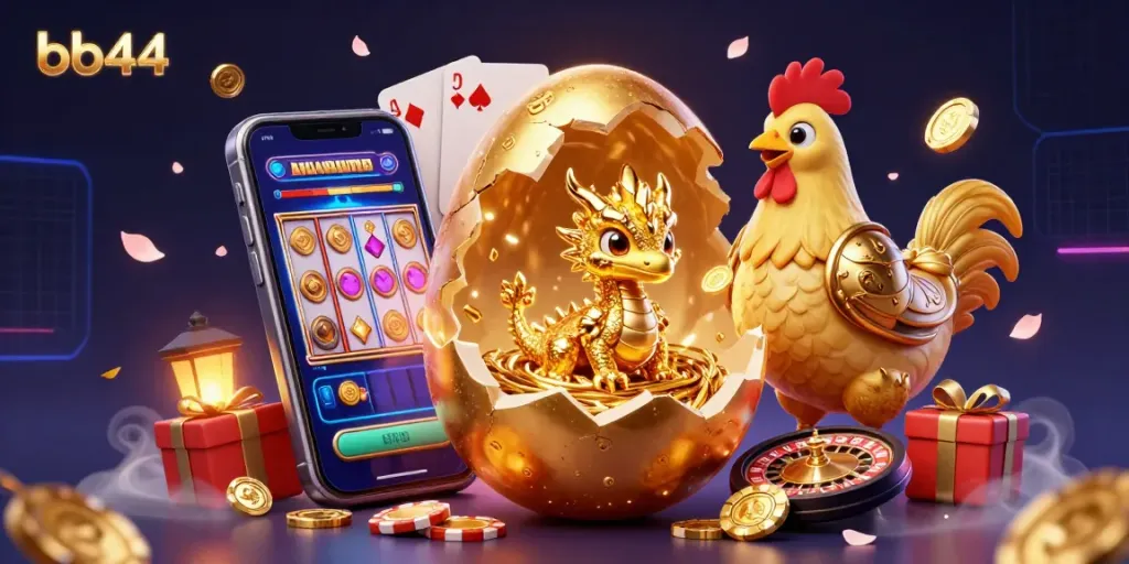 Experience bb44’s captivating golden dragon emerging from chips and games in a vibrant casino scene.