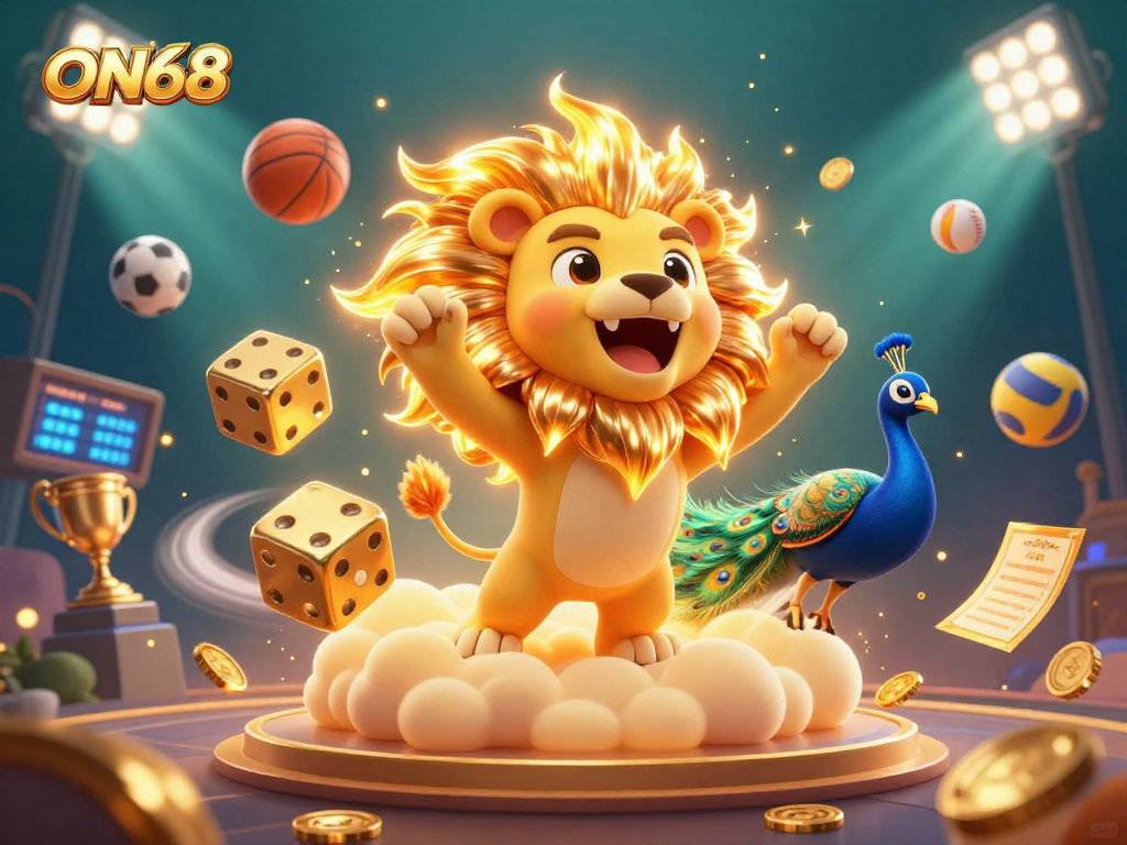 Bet on ON68 with a captivating 3D casino scene featuring a roaring sun lion and dynamic sports elements.