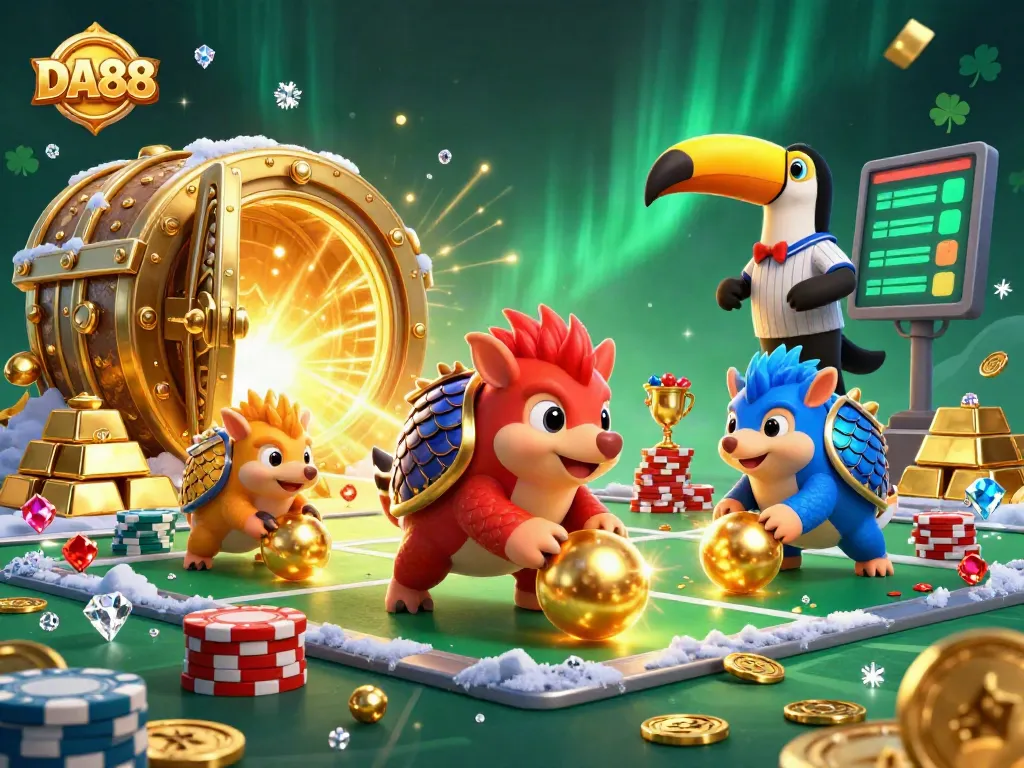 DA88 pangolins competitively rolling golden balls among poker chips in a vibrant casino scene