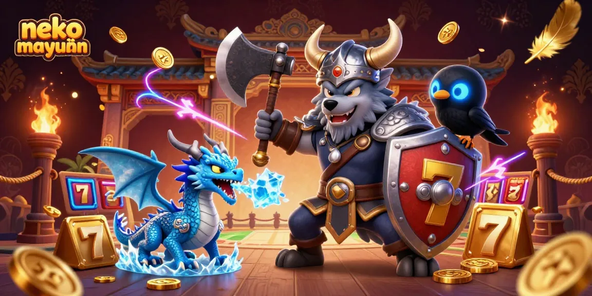 Engage with Neko May Mắn in an exciting casino gameplay scene featuring a Viking wolf warrior and dragon.