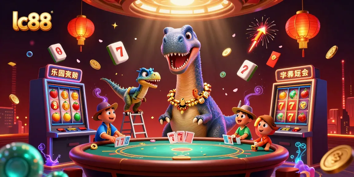 Engage with lc88 as a giant brontosaurus oversees a vibrant casino game scene filled with slots elements and celebration