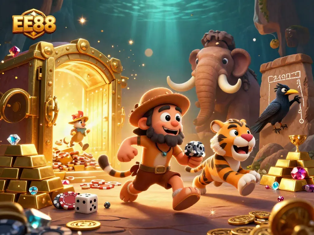 Experience thrilling gameplay at EE88 with vibrant caveman-themed casino illustration