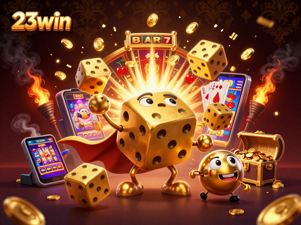 Experience the thrill of 23win with a vibrant scene featuring golden dice and slot machines.