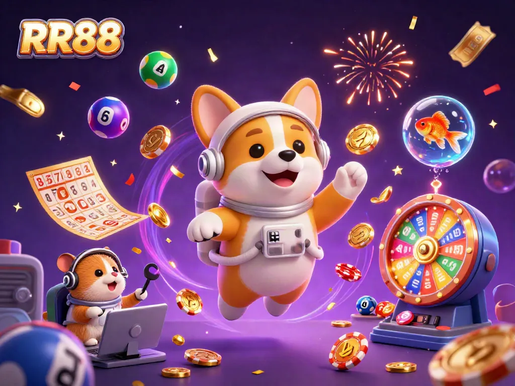 Experience the vibrant RR88 space casino with a playful corgi amid floating coins and Lotto balls.