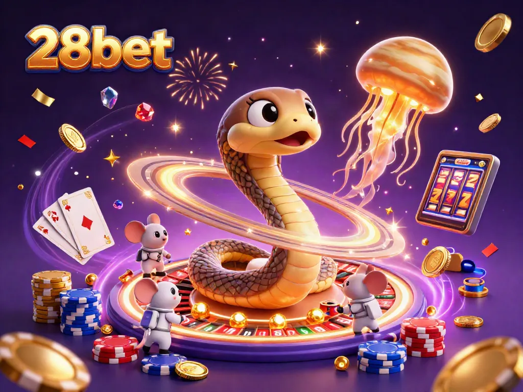 Place bets with 28bet in an exciting cosmic casino adventure filled with vibrant characters.