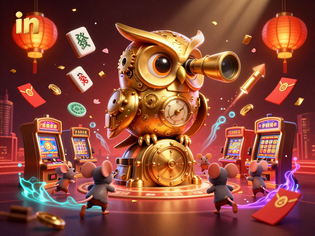 Spin the reels with the clockwork golden owl scouting for big wins in this vibrant casino scene.