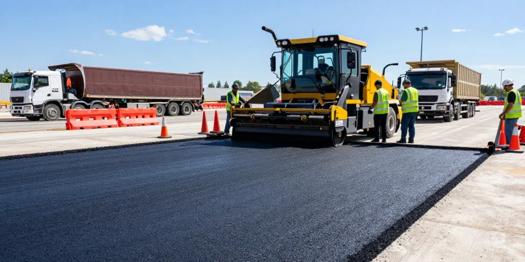 JAK Paving LTD team applying asphalt paving on a commercial site, showcasing quality workmanship and state-of-the-art machinery.
