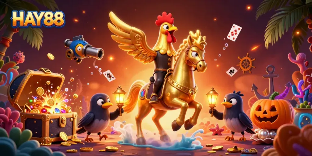 Experience the vibrant HAY88 casino world with a unique, dynamic illustration featuring thrilling gambling themes.