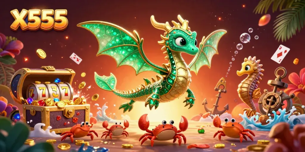 X555 gaming platform illustrated with sea dragon, treasure chest, and vibrant casino elements.