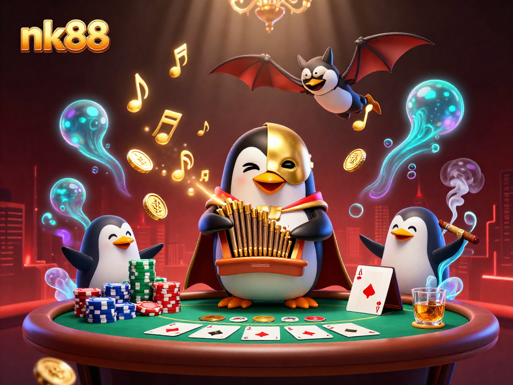 Jump into action at nk88 Casino as the phantom penguin plays, with poker chips and golden coins flying around.