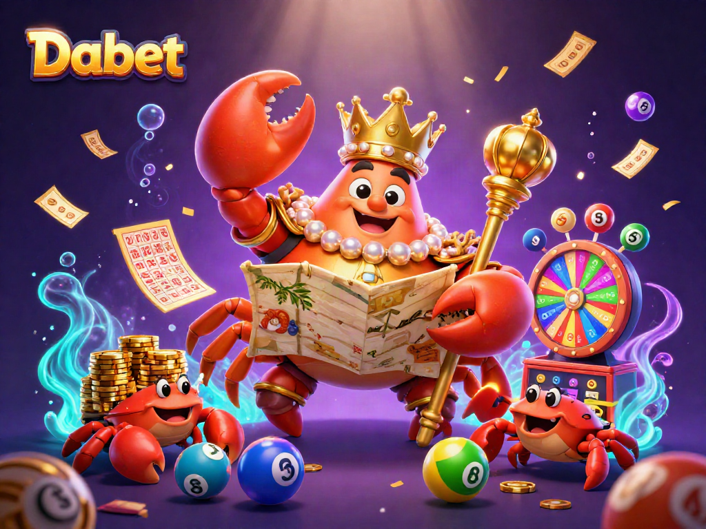 Dabet showcases a golden crab emperor leading with treasure, surrounded by exciting lottery elements in a vibrant casino scene.