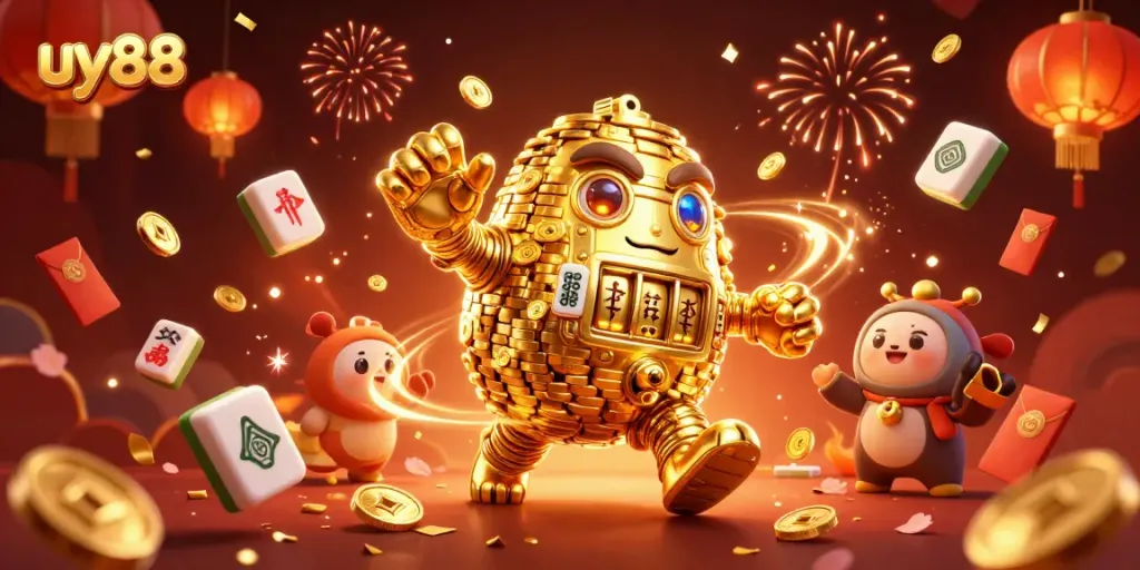 Experience the excitement of uy88 as golden golems and festive casino elements come alive in this vibrant 3D scene.