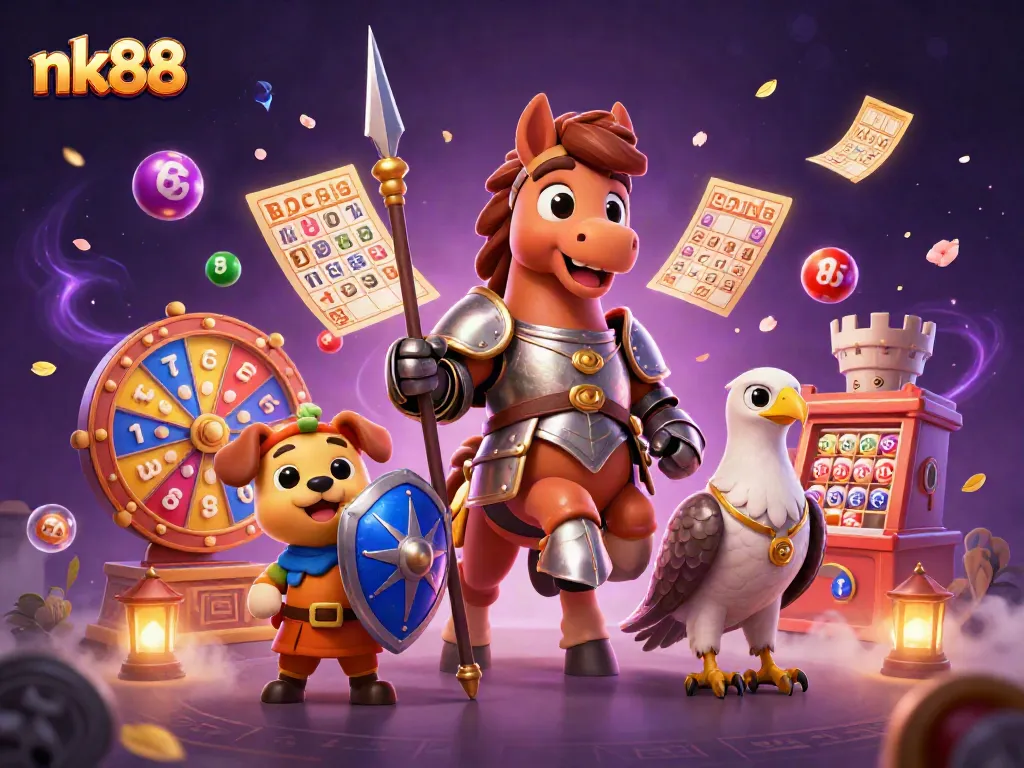 Engage with NK88's exciting lottery ball dynamics alongside lively gaming characters.