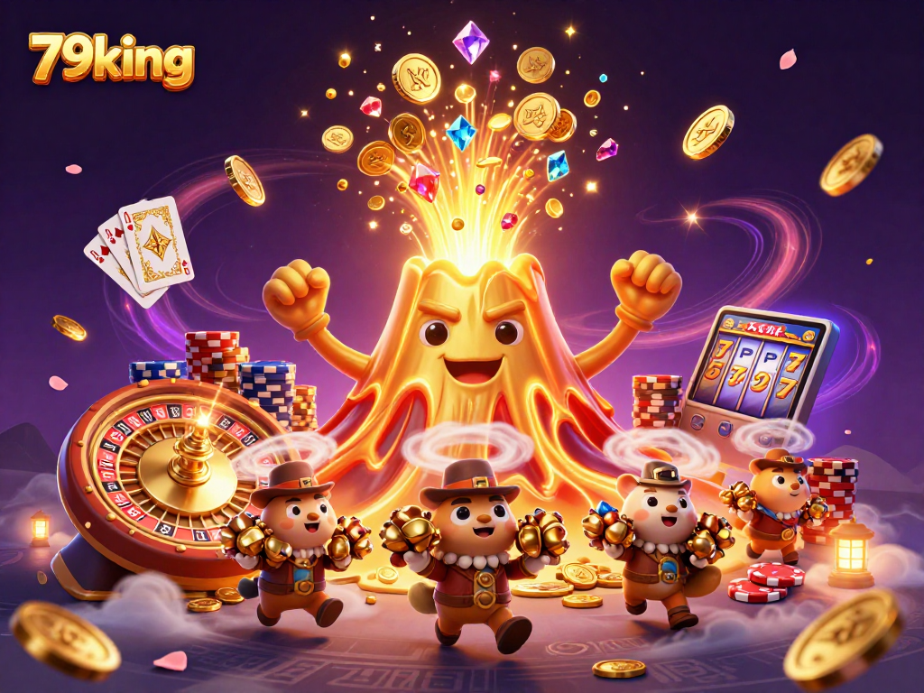 Spin the wheel at 79king casino with treasures from a golden volcano and vibrant gaming elements.