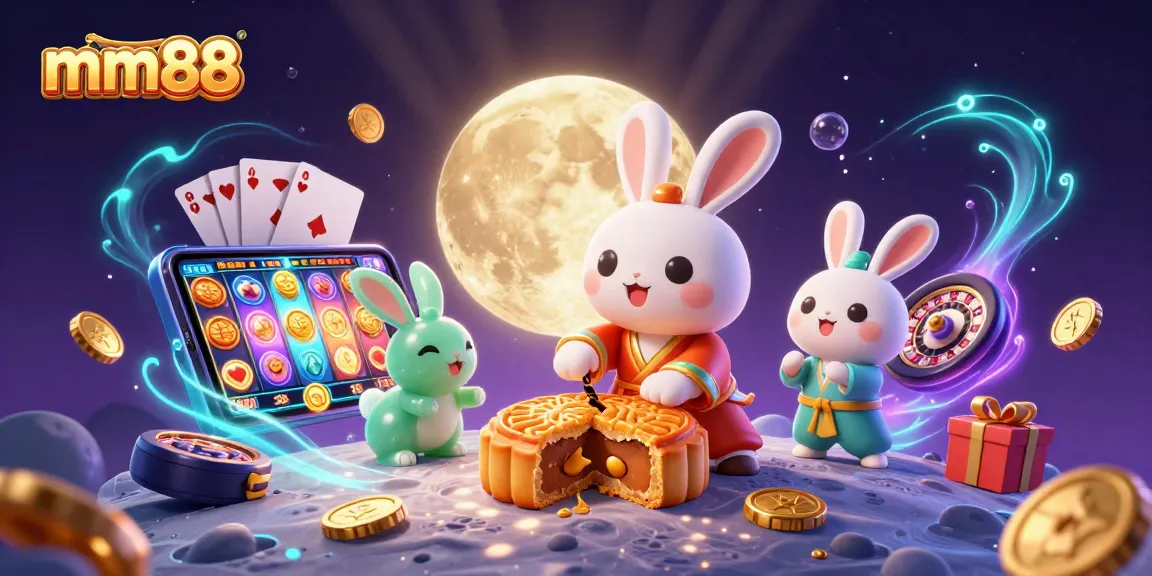 Experience the excitement of mm88 with a vibrant casino-themed 3D illustration packed with gaming elements.