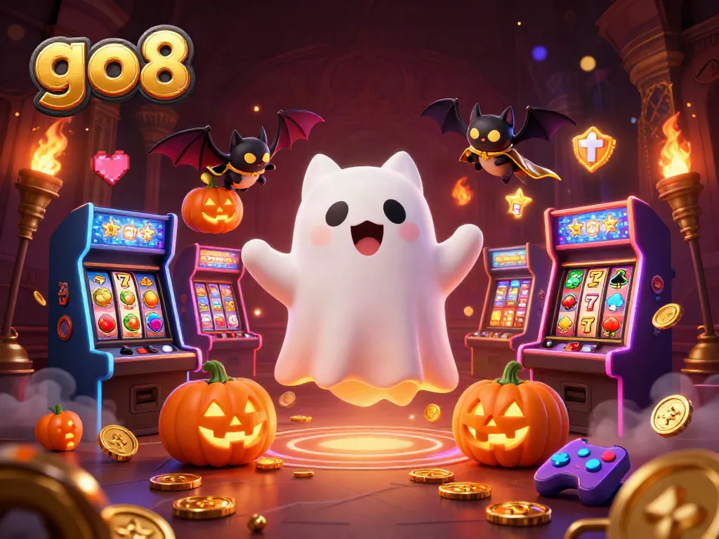 Engage with go8's ghost cat and vampire bat in a lively casino scene filled with jackpots and slot games.