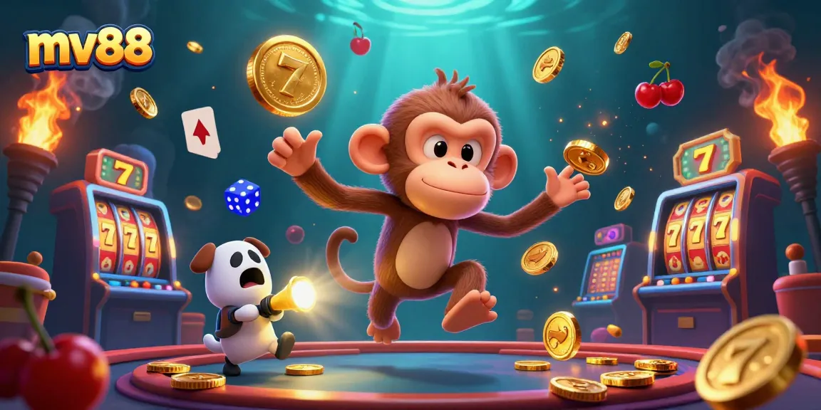 Experience the thrilling mv88 casino with a ghostly monkey juggling golden items amidst vibrant slot reels.