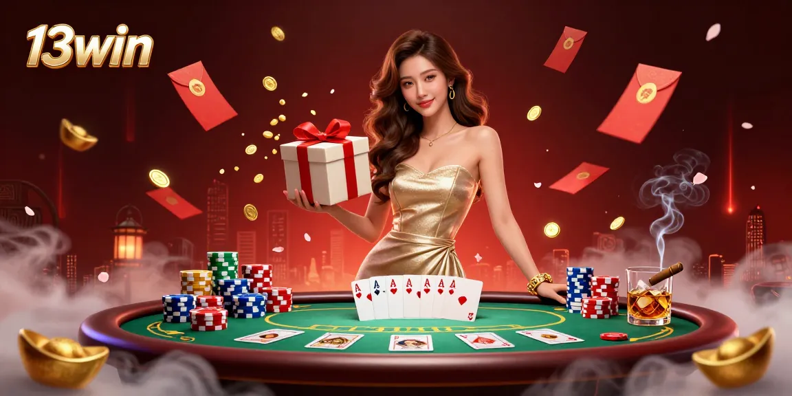 Experience the vibrant gaming atmosphere of 13win with a glamorous woman, golden coins, and poker excitement.