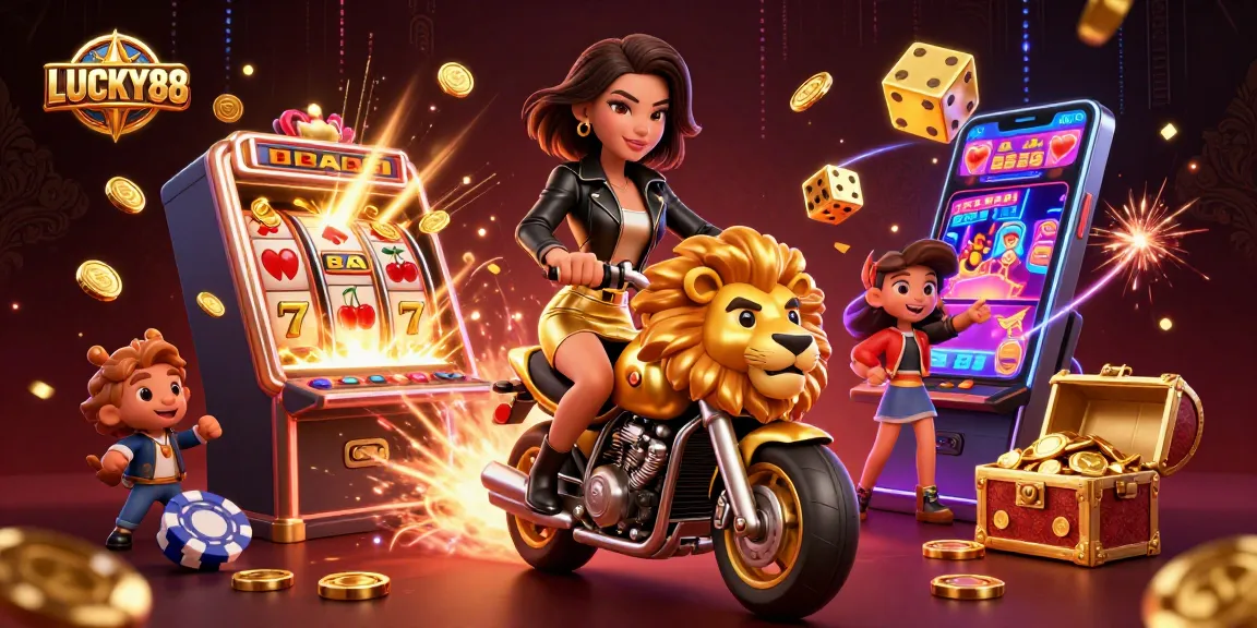 Experience thrilling gameplay with LUCKY88 slot reels and vibrant casino elements in this vivid illustration.