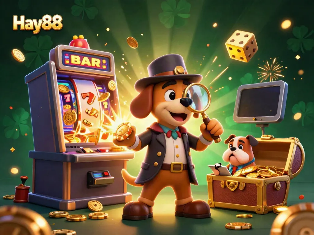 Engage in Hay88's vibrant casino scene with a cartoon detective discovering clues amidst a jackpot explosion.