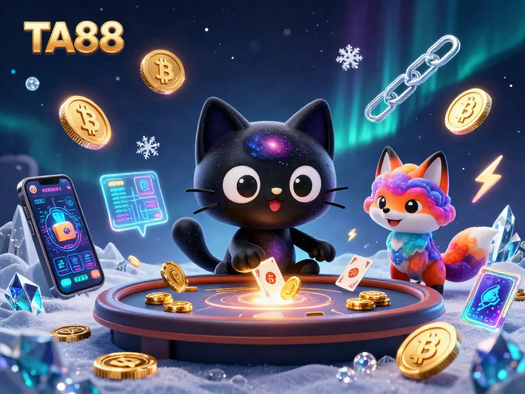 Engage with TA88's cosmic casino scene featuring a black hole cat and nebula fox amidst swirling games.