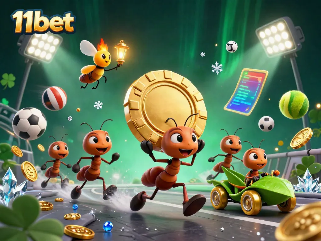 Experience thrilling gambling adventures with 11bet as cartoon ants run heist amidst dynamic casino elements.