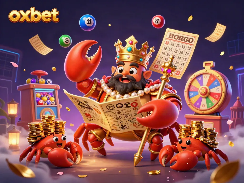 Join the excitement at oxbet with the golden crab emperor surrounded by dynamic casino elements, including colorful lottery balls.