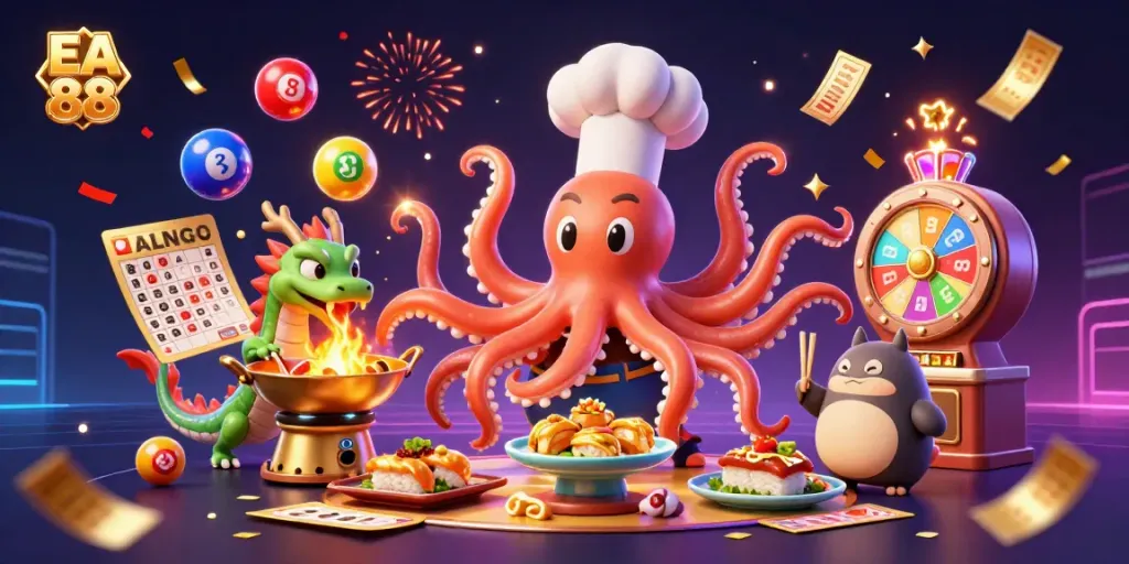 Engage with EA 88 while enjoying the vibrant celebration of casino games through a dynamic 3D illustration.